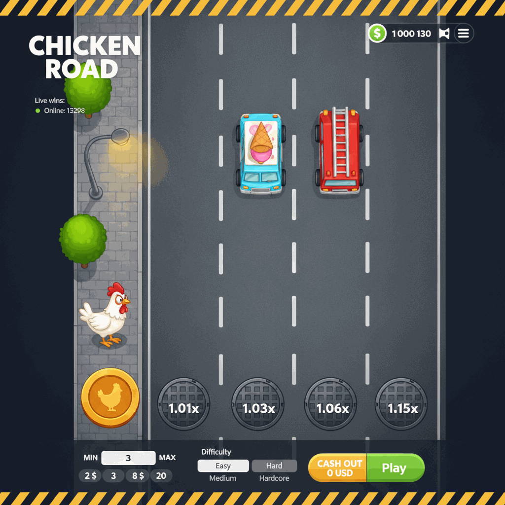 Chicken Road Crash-Spiel: Ein weißes Cartoon-Huhn steht am Rand einer mehrspurigen Straße mit grauen Fahrspuren und weißen Markierungen, bereit die Straße zu überqueren während Autos zufällig auf den Spuren erscheinen